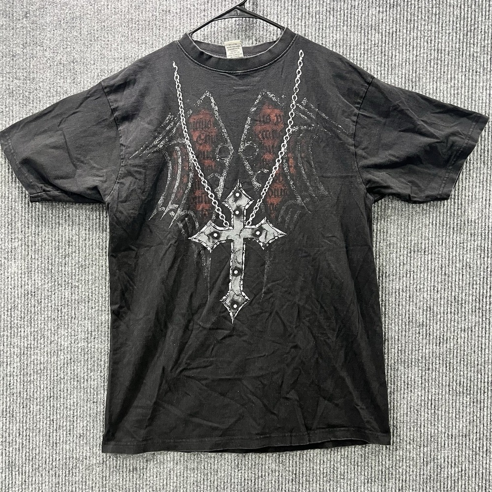 Vintage Give Me Face Brand Cross Tshirt Mens Black 2XL Y2K Gothic Graphic Tee